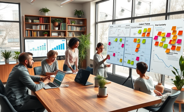 Equipo profesional colaborando en marketing de contenido para atraer clientes y mejorar SEO en oficina moderna y bien iluminada