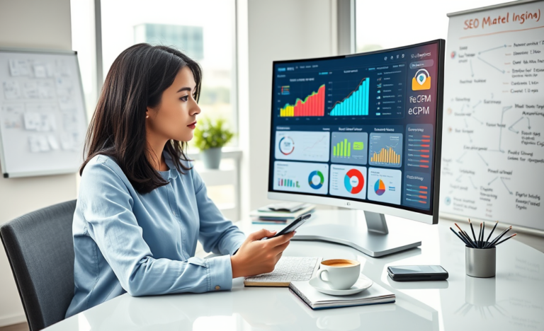 Mujer trabajando en oficina moderna analizando gráficos de SEO y eCPM en computadora para mejorar anuncios en redes sociales