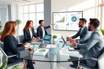 Profesionales discutiendo estrategias de marketing digital para empresas en una oficina moderna y luminosa con dispositivos y gráficos de ventas en pantalla
