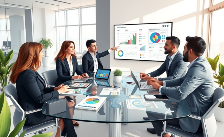Profesionales discutiendo estrategias de marketing digital para empresas en una oficina moderna y luminosa con dispositivos y gráficos de ventas en pantalla