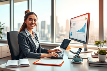 Mujer joven en oficina moderna usando computadora con dashboards de marketing digital para aprender y vender más en guía para principiantes