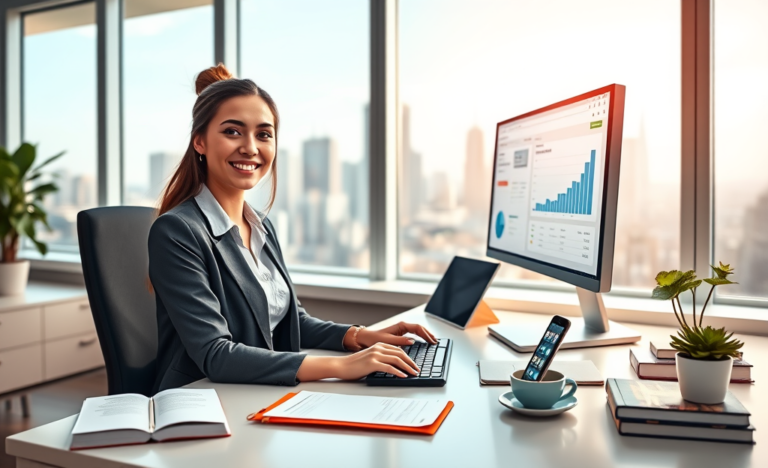 Mujer joven en oficina moderna usando computadora con dashboards de marketing digital para aprender y vender más en guía para principiantes