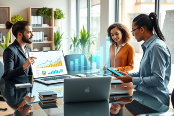 Equipo de profesionales colaborando en oficina moderna para servicios de marketing digital que mejoran SEO y eCPM con gráficos y tecnología