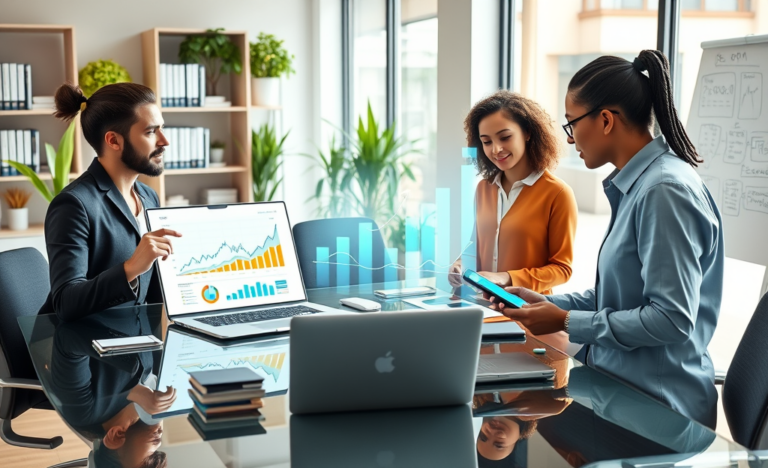 Equipo de profesionales colaborando en oficina moderna para servicios de marketing digital que mejoran SEO y eCPM con gráficos y tecnología