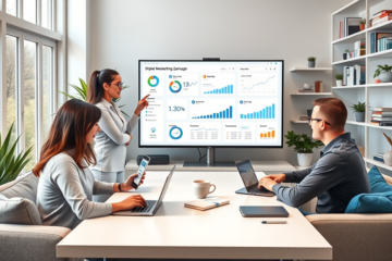 Personas en curso de marketing digital en oficina moderna aprendiendo estrategias para generar resultados efectivos