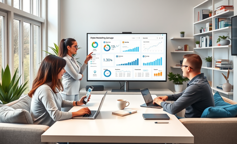 Personas en curso de marketing digital en oficina moderna aprendiendo estrategias para generar resultados efectivos