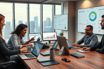 Equipo de profesionales colaborando en una oficina moderna con dispositivos digitales para marketing digital y atraer más clientes y vender mejor
