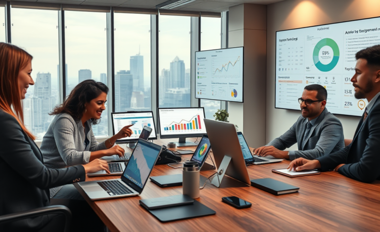 Equipo de profesionales colaborando en una oficina moderna con dispositivos digitales para marketing digital y atraer más clientes y vender mejor